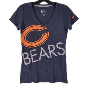 CHICAGO BEARS Shirt Womens Small Blue BIG Spell Out V-neck NIKE NFL Football